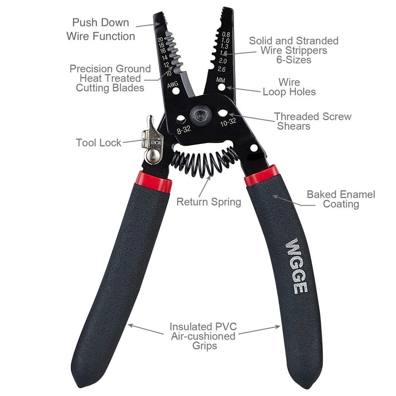 WGGE WG-013 Wire Stripper and Cutter 7'',Cuts, strips wire and loops 10-20 AWG Solid and (0.8-2.6mm) Stranded - Image 5